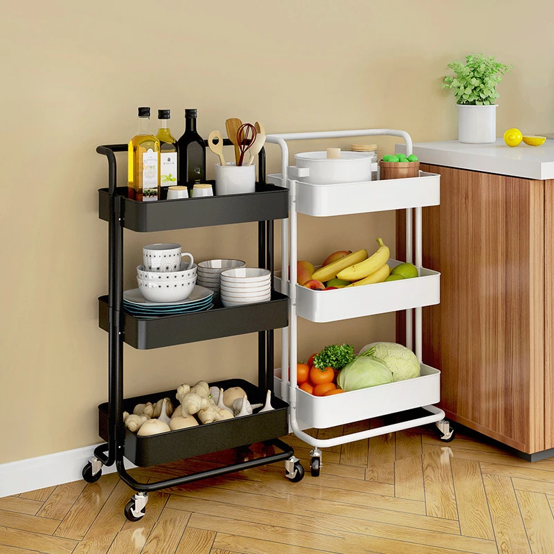 3-Tier Metal Rolling Utility Cart Kitchen Trolleys Organizer with Wheels Handle Multifunction Heavy Duty for Bathroom Storage