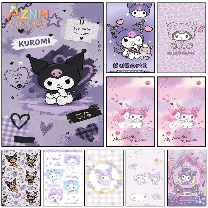 Sanrio Kuromi Purple Grunge Texture Canvas Wall Print No Frame Cute Cartoon Devil Character Heart Grid Girly Teen Girl Bedroom