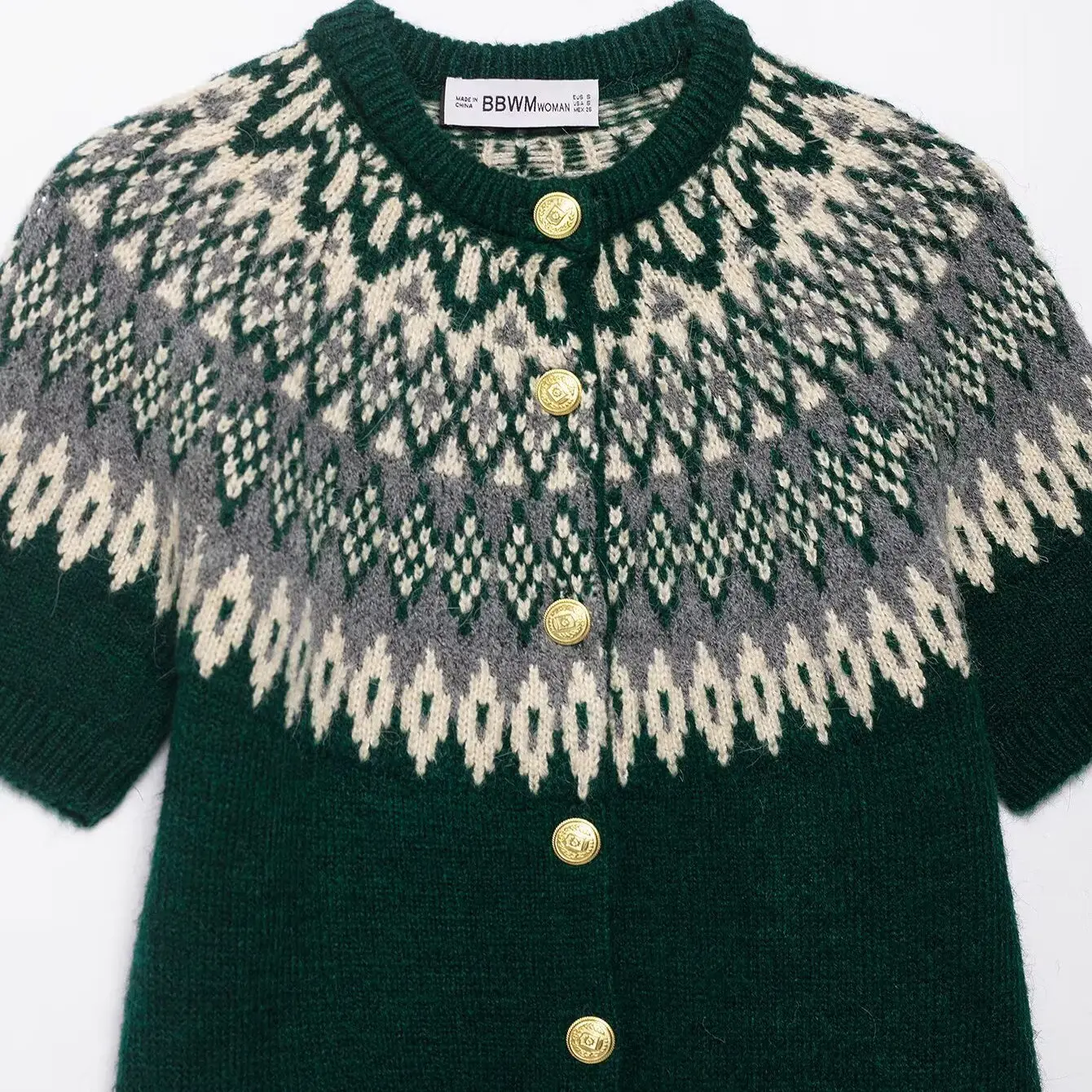 KASLEAD Nowa Damska Modna Sweter Rozpinany z Dzianiny 642725 Włókno Poliestrowe Okrągły Dekolt Guziki Geometryczny Wzór Kardigan