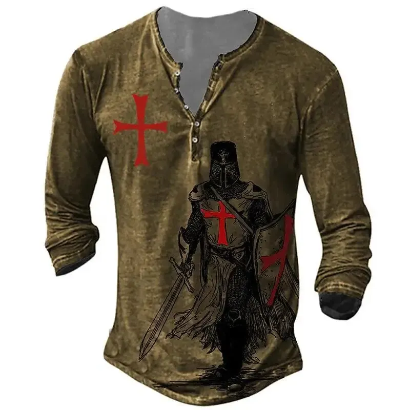 Vintage V Neck Henley 3D Cross Long Sword Long Sleeve Men\'s T Shirt Oversized Top T Shirt Men\'s Punk Streetwear Sports Shirt