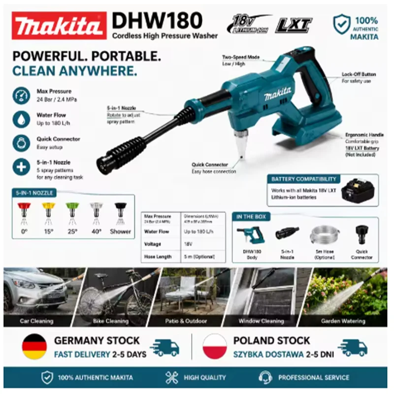 Pistola per lavaggio ad alta pressione portatile a batteria Makita 18V, pistola a spruzzo per acqua 5 in 1 alimentata a batteria, con batteria al litio 18V Dhw180, per la pulizia di auto, esterni e