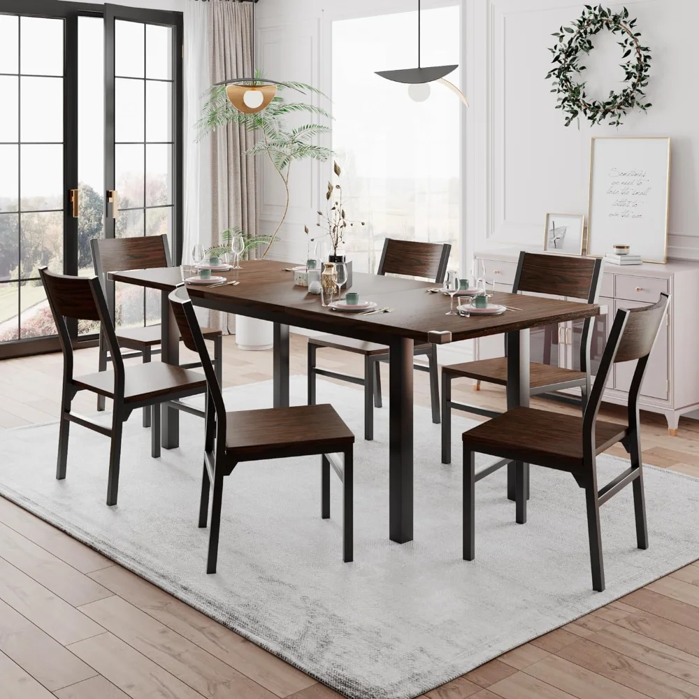 

Feonase 63" Kitchen Table Set with 6 Chairs, 7-Piece Extendable Dining Table Set for 4-6, Mid-Century Modern Dining