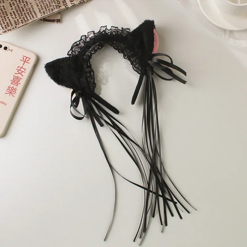 Gothic Lolita Maid Women Girl's Ruffles Lace Headband Plush Cat Ears Ribbon Bell Lolita Cosplay Hair Hoop