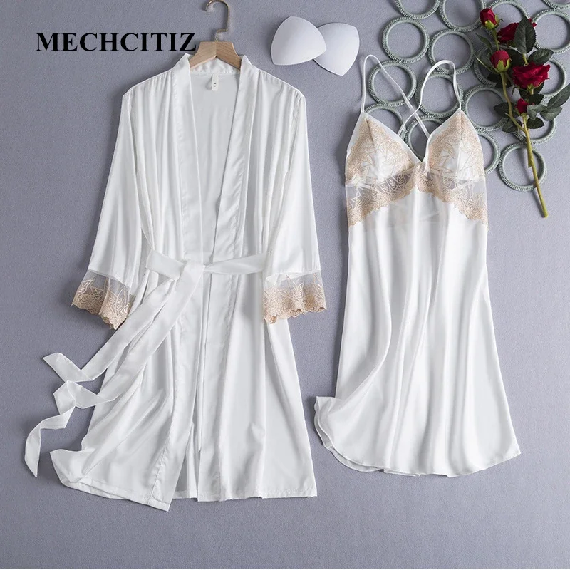 MECHCITIZ, conjunto de bata y bata de seda de encaje sexy para mujer, vestido para dormir + albornoz de dos piezas, bata de satén de 4 colores, ropa de dormir de boda para dama de honor