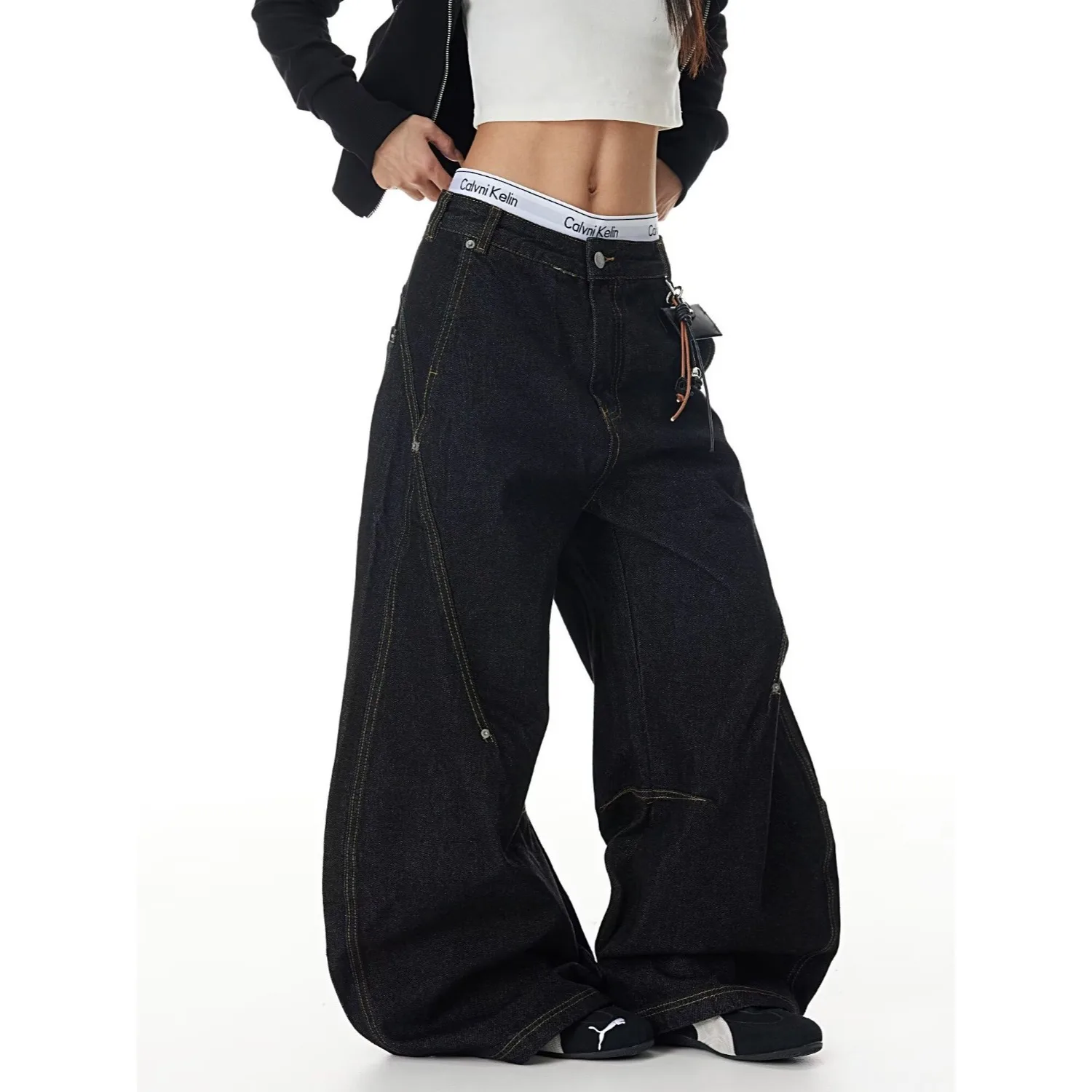 レディース ゴシック ブラック カーゴ デニム ジーンズ Y2K 原宿 ハイウエスト ワイドレッグ パンツ ストリート アメリカン レトロ スタイル ハイファッション