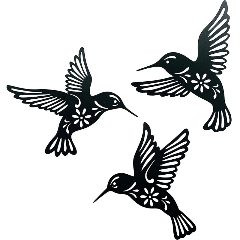 3 Pieces Metal Hummingbird Wall Art Decoration Hollow Out Iron Black Bird Sculpture Hanging Pendant Ornament Home Decor