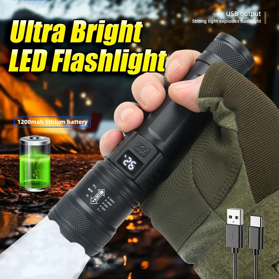 Ultra Bright Led Flashlights USB Rechargeable Zoom Spotlight Torch with Power Display Tactical Flashlight for Emergency Lighting