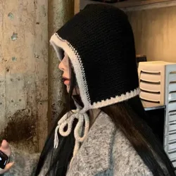 Ins Balaclava Hat Women's Winter Wool Beanie Hat Warm and Thickened Korean Version Versatile Basic Ear Knitted Bomber Hat