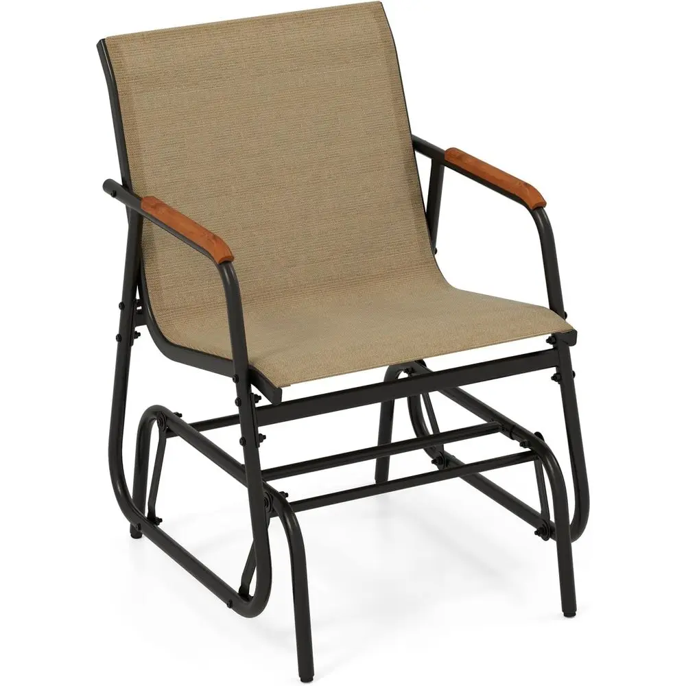 

Outdoor Teak Swing Glider Chair with Curved Armrests and Breathable Fabric Seat for Patio, Porch, or Poolside