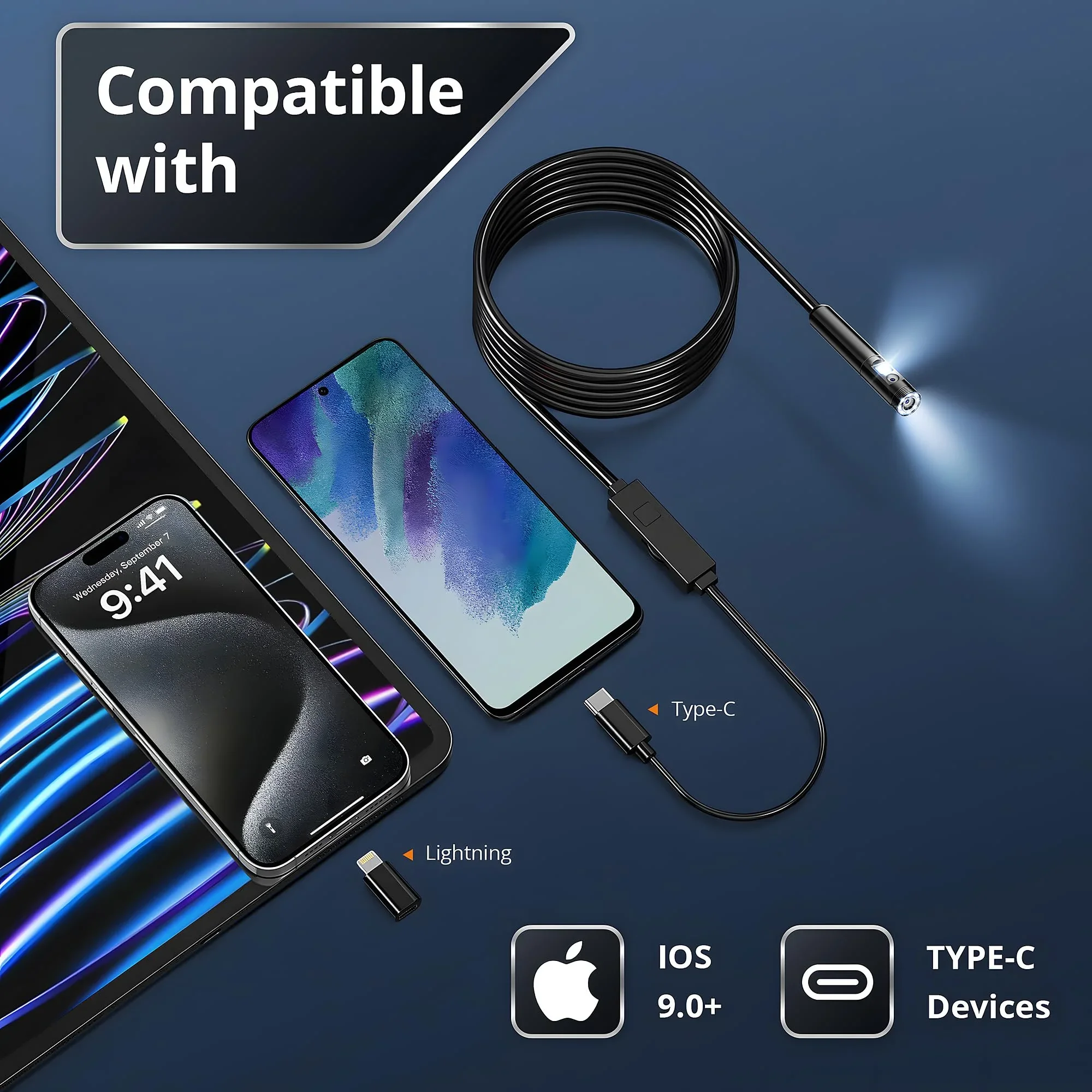 Cámara Endoscópica de Doble Lente 1080P para iPhone iOS Android, Boroscopio de 8mm Tipo-C, Herramienta de Inspección de Tuberías Automotrices a Prueba de Agua