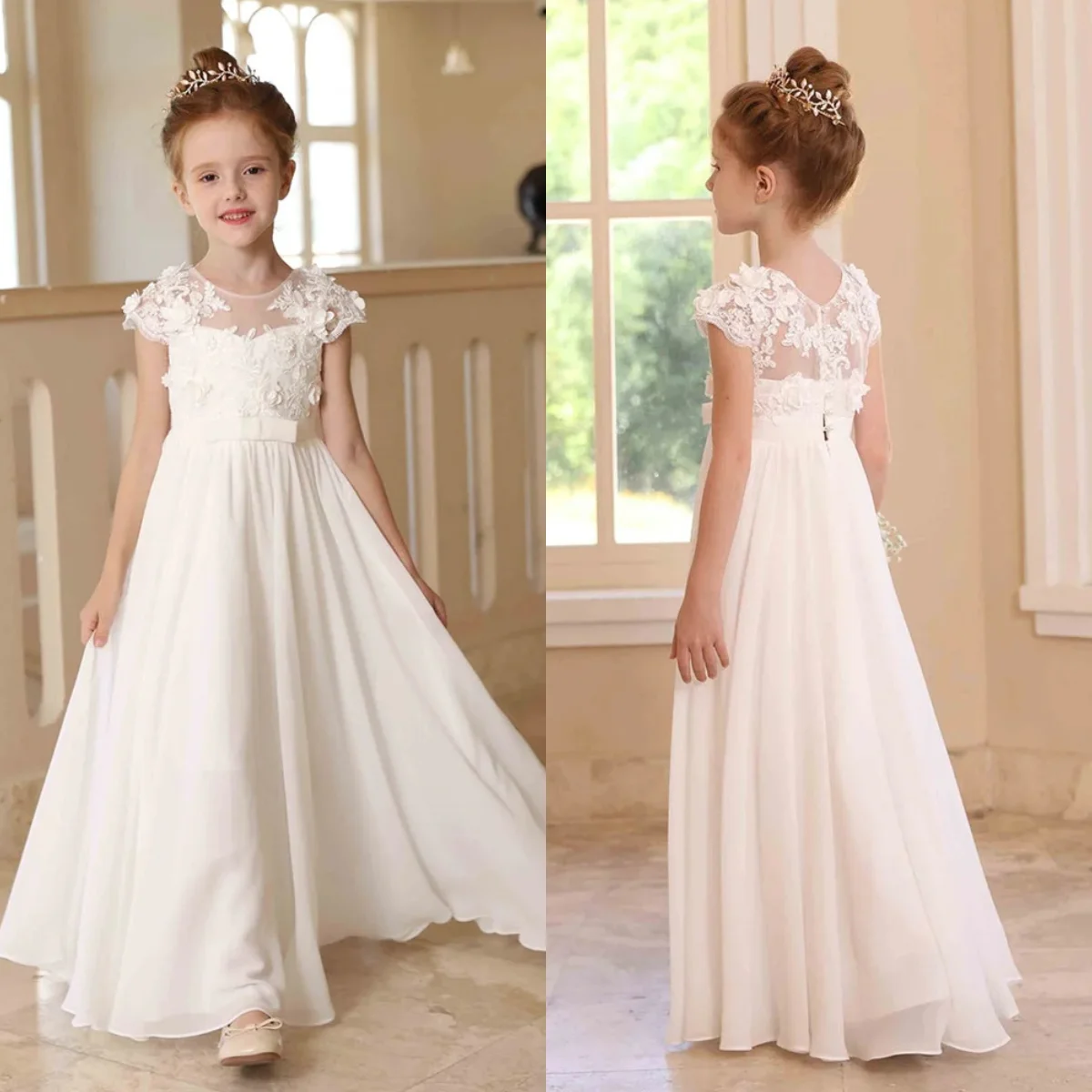 

Customized Chiffon Flower Girl Dress for Wedding Applique Lace Bow Belt Child First Communion Gown Birthday Party Dress