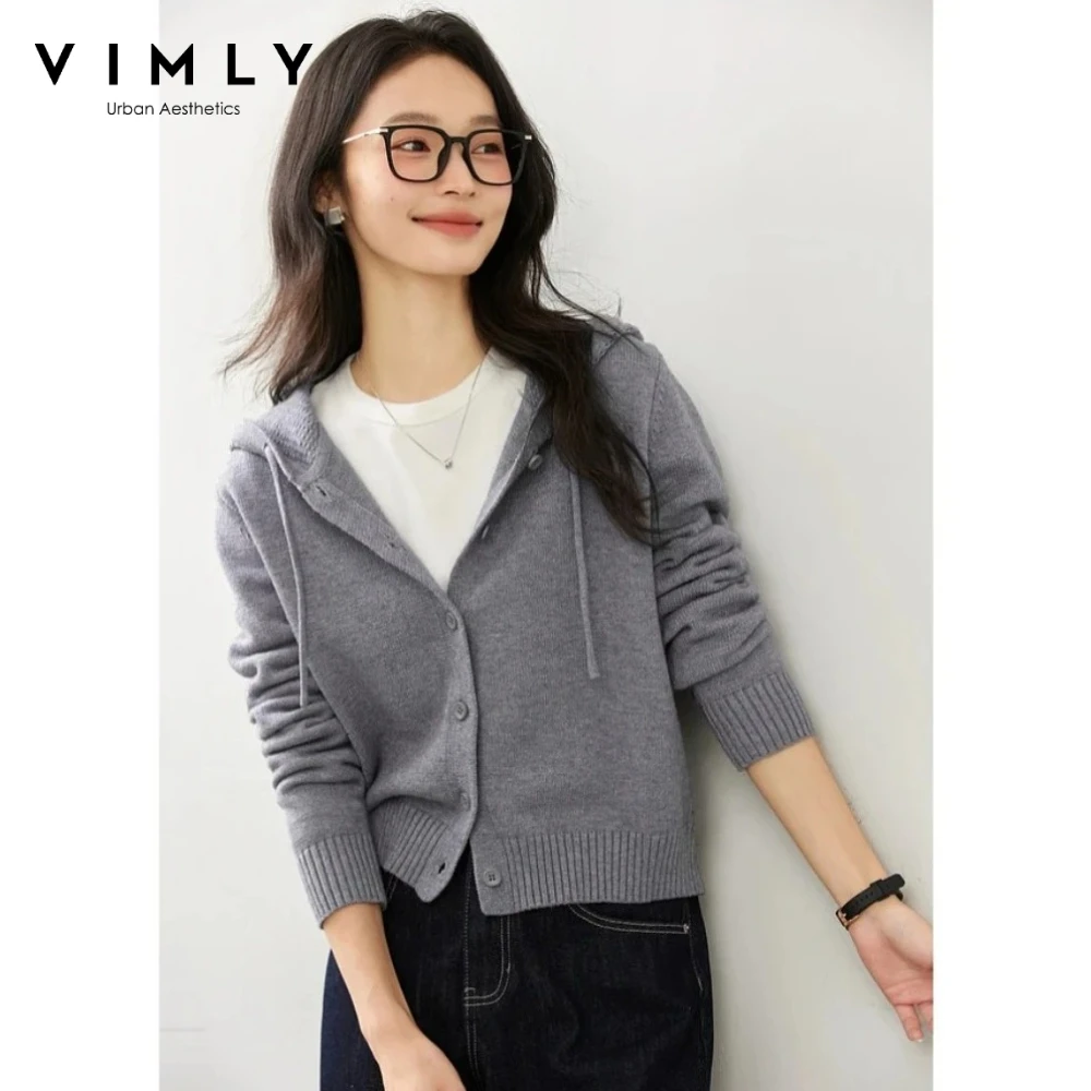 VIMLY Gray Knitted Hooded Cardigan Women Long Sleeve Lady Sweater Casual Autumn 2026 Strecth Button Elegant Chic Woman Top 75067