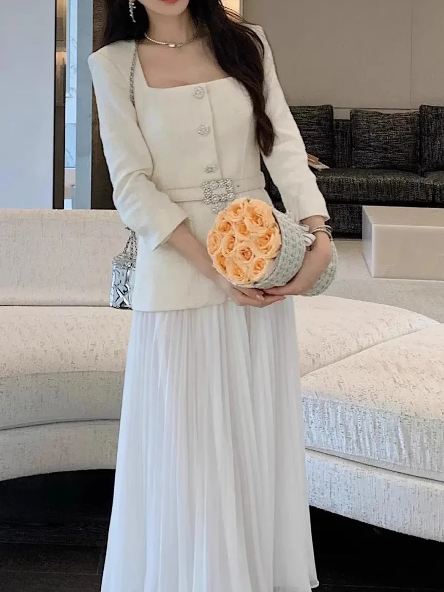 

Elegant Slimming Tweed Wrap Diamond Buckle Waist Cinched Fake Two-Piece Dress Casual High Waist A-Line Long Sleeve Dress