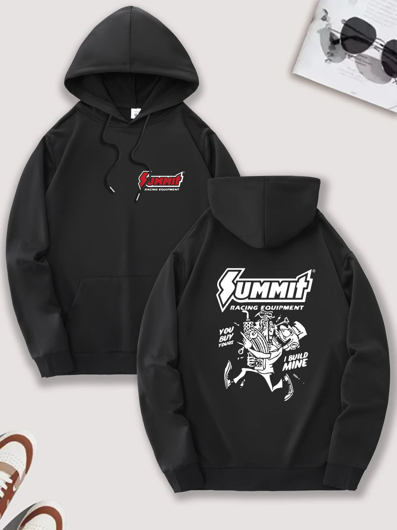 بلوفر كاجوال للرجال مع جيب الكنغر، ملابس مريحة للأنشطة الخارجية، ملابس خارجية، غطاء رأس برسومات، قماش قابل للتمدد