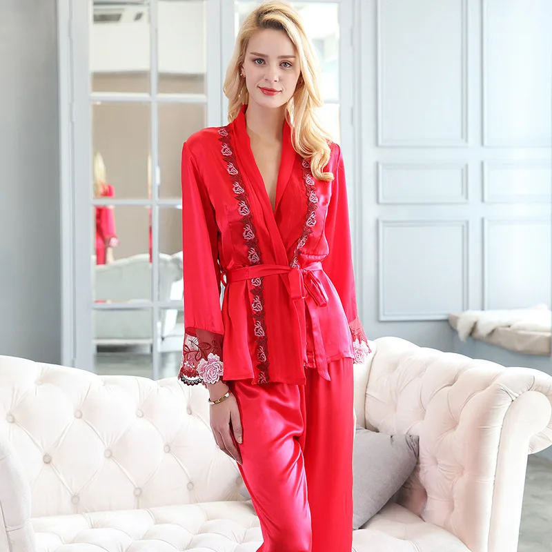 

High Quality Real Silk Pajamas Women's Spring and Autumn Long Sleeve Red Wedding Celebration Home Wear Two-Piece Suit Summer