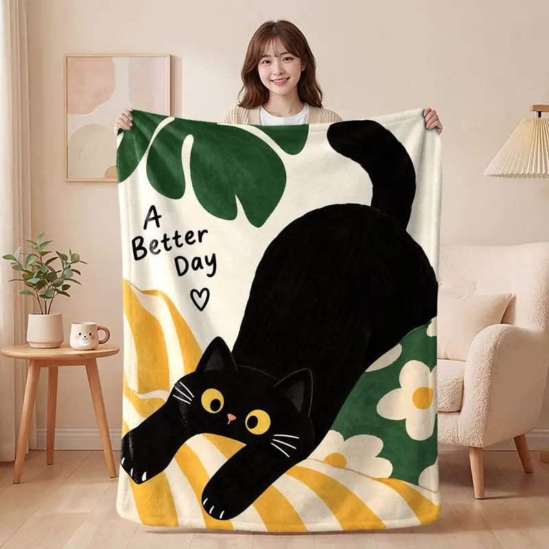 VIKAMA Black Cat Blanket Good Things Happen Cute Cat Print Kids Throw Sofa Living Room Cozy Warm Kawaii Aesthetic Gift
