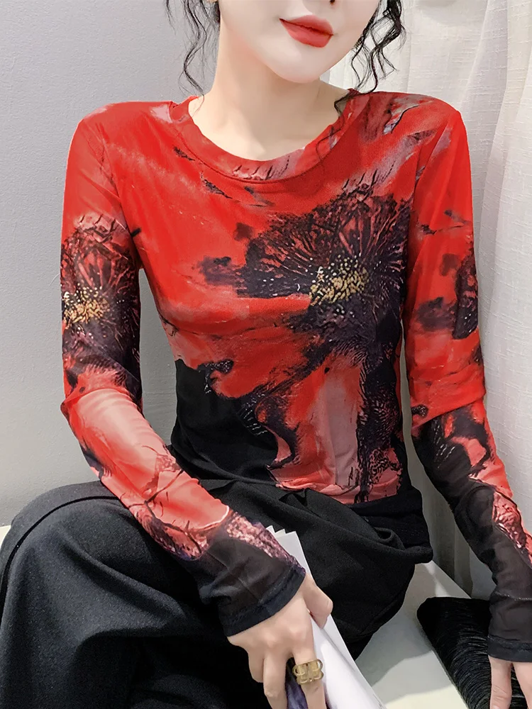 Sexy Long Sleeve Tie Dye Mesh T-Shirt Women's Slim Fit Printed Top Fashionable Anti Aging Base Shirt Autumn New Arrival
