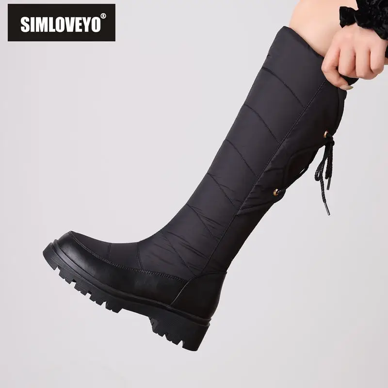 

SIMLOVEYO Женские зимние зимние туфли с круглым носком, толстый каблук 5 см, водонепроницаемые, на шнуровке, уличные, теплые, до колена, большой размер 42 43 44