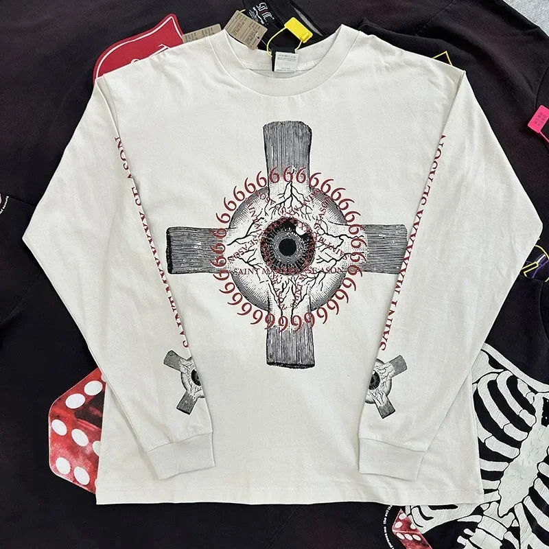 24SS Saint Michael Long Sleeved T-shirts Men Women High Quality Cross Print Pure Cotton Washed White Oversized Pullover