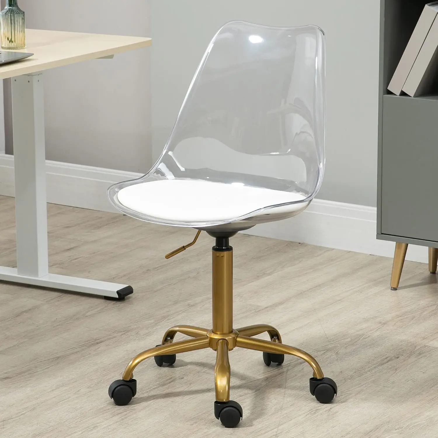 Acrylic Clear Desk Chair, Modern Small Cute Armless Vanity Rolling Plastic Chair Home Office Lucite Ghost Chairs Cushion Padded