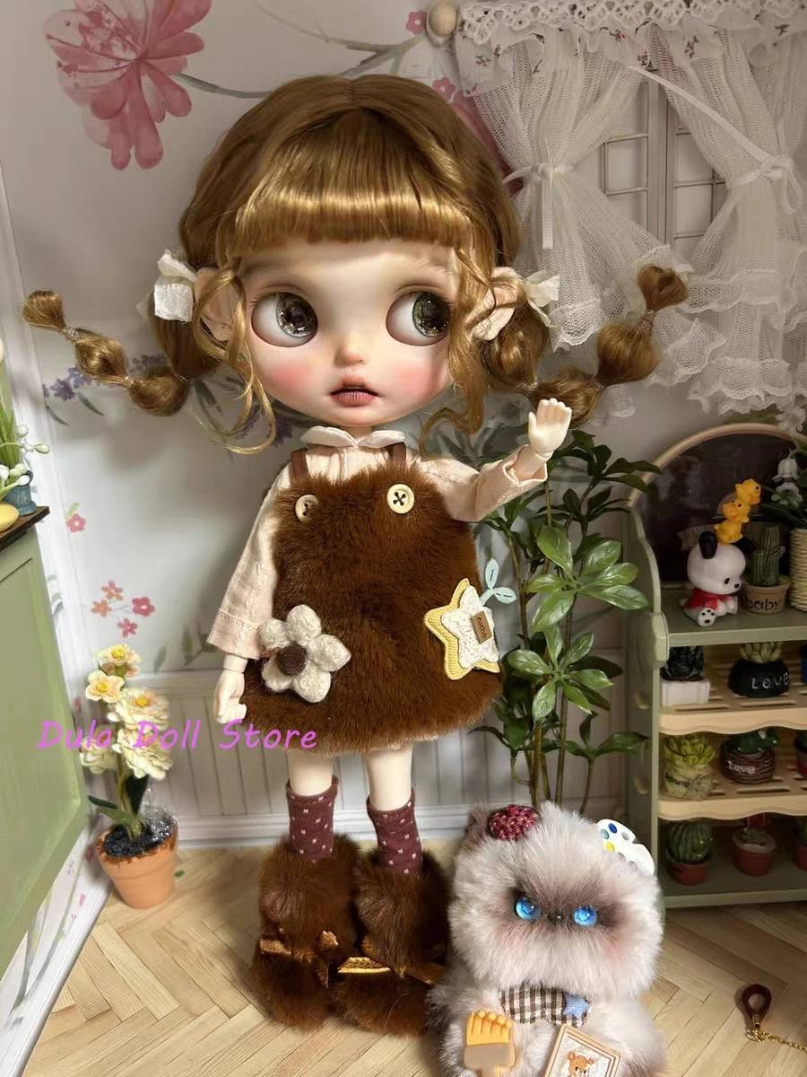 Parrucche per bambole Dula per Blythe Qbaby Mohair naturale Cuciture rigide a doppia treccia retrò per testa da 9-10 pollici