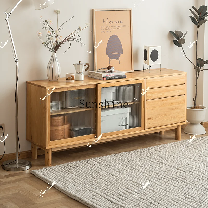 Solid wood bedroom TV economical dining side multifunctional chest glass Japanese simplicity  FT