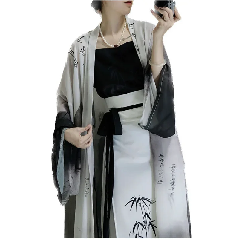 Hanfu gaun 3 potong gaya Modern, gaun kardigan motif bambu tradisional ditingkatkan + atasan + rok 3 potong