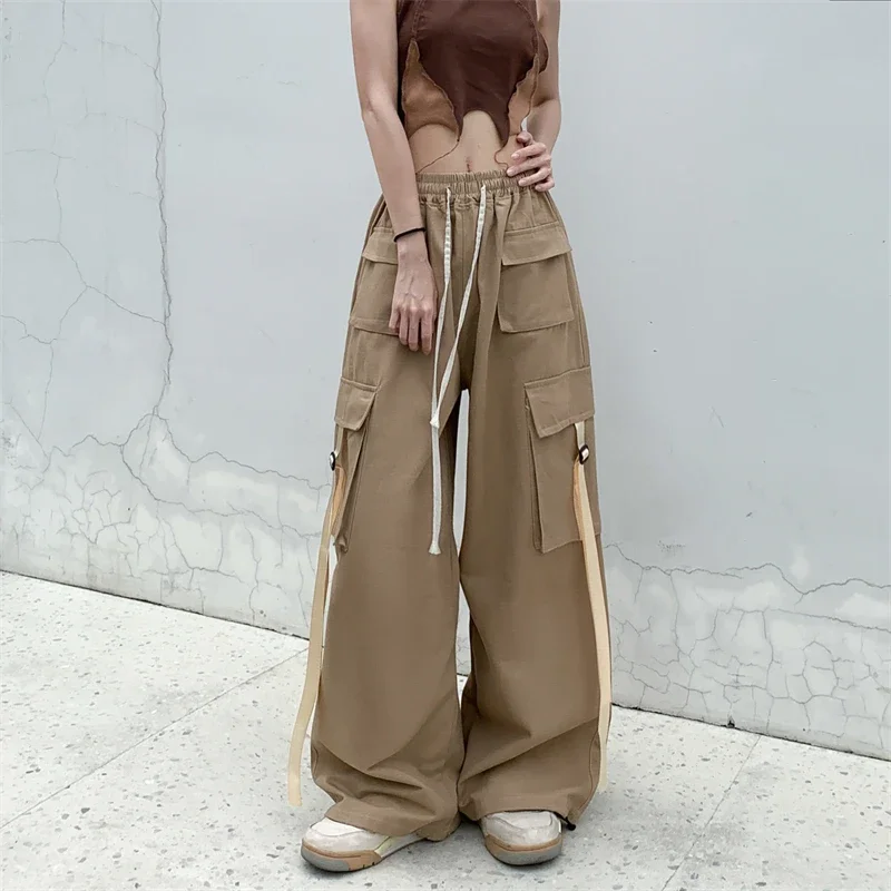 

NEW 2024 Cotton High Street Cargo Pants for Women Men with Ribbon High Waist Wide Leg Hip-hop Cool Dances Pants Ladies