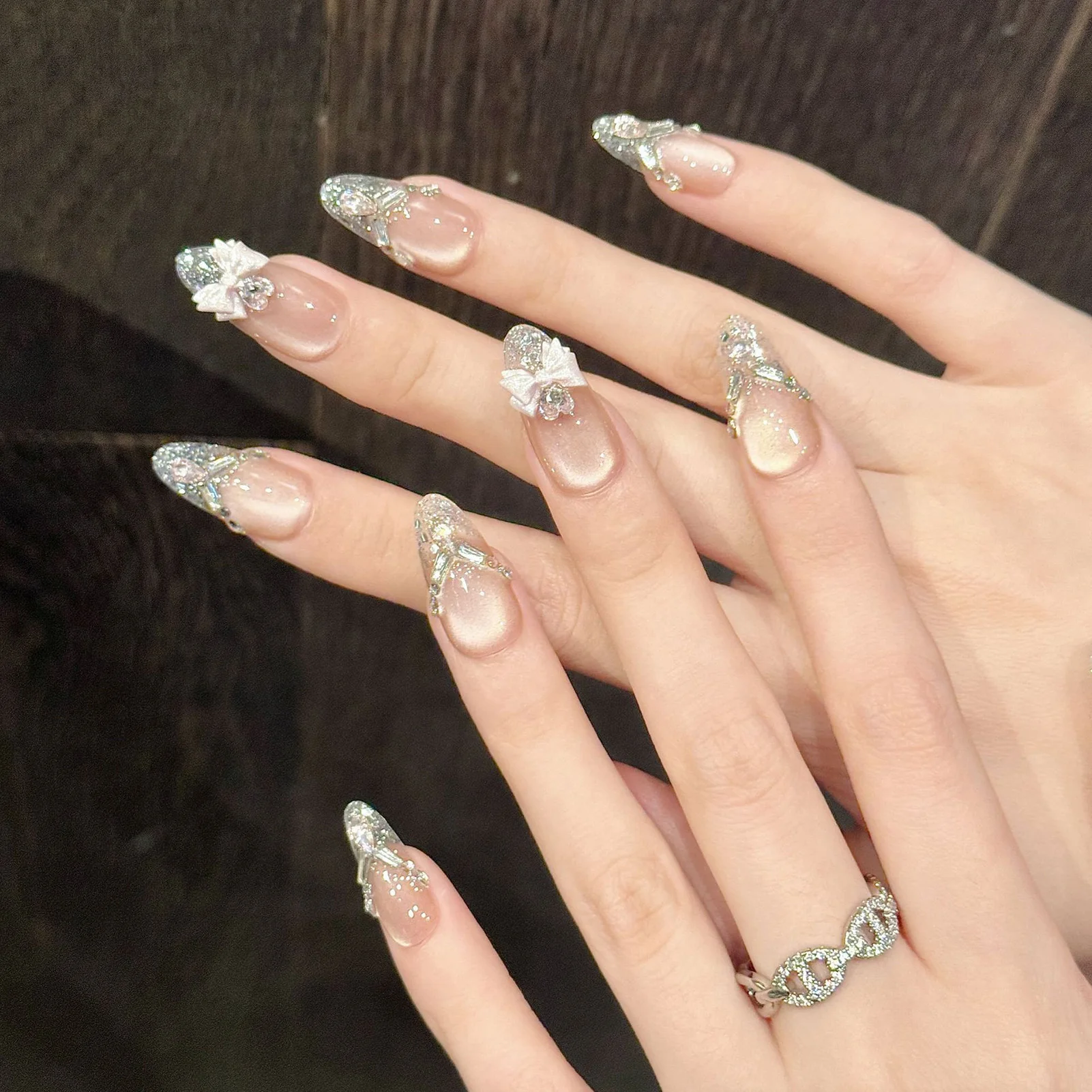 

Handmade Cat Eyes False Nails Sequins French Tips Press On Nails 3D Pink Bows Korean Style Fake Nails Wearable Almond Nail Art