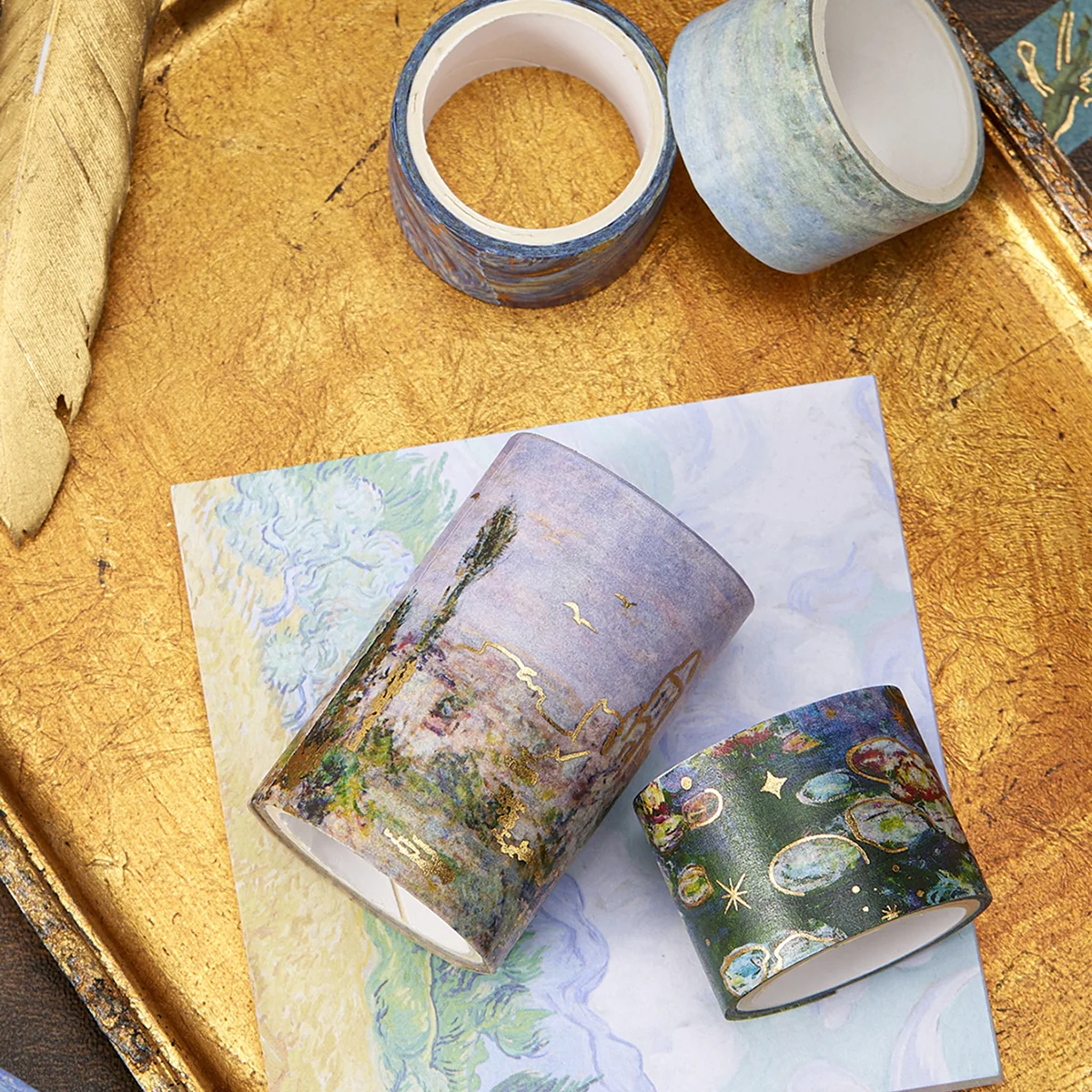 24ロール/箱 油絵テーマ和紙テープセット、金彩風デザイン装飾手作りDIYデコレーション素材テープ