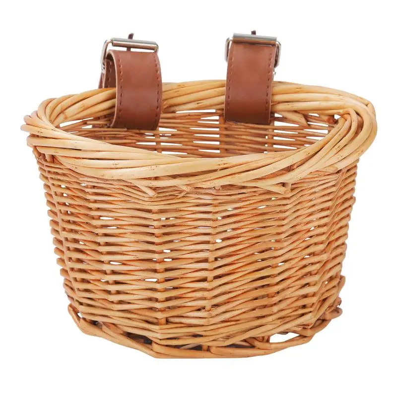 Bicycle Basket for Kids Bike Scooter Baskets with 2 Leather Straps Detachable Wicker D-shaped Waterproof Handmade Storage Basket