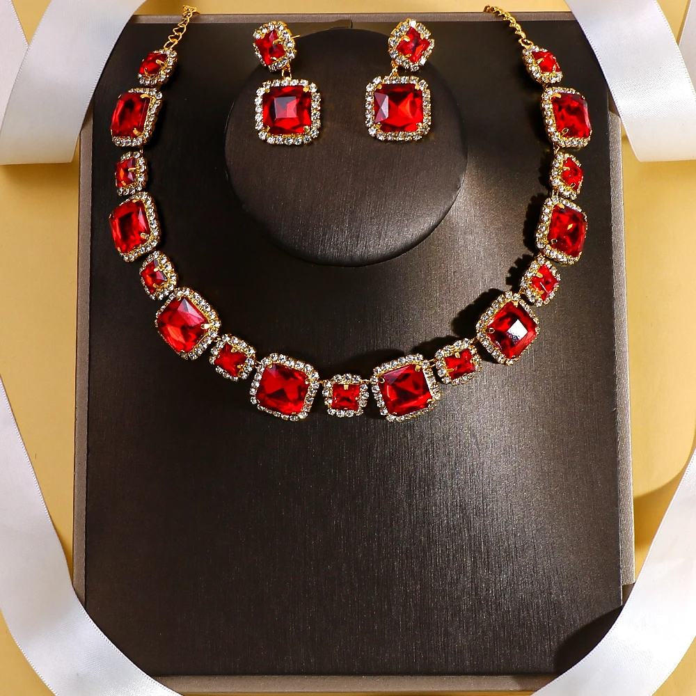 Stonefans Red Square Crystal Necklace Earrings Set Party Free Shipping 2024 Trend Large Bridal Jewelry Set for Women Decoration