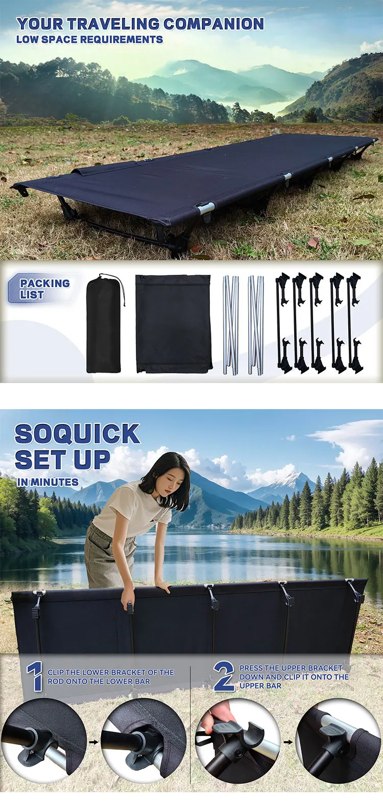 Campingbett, tragbares Klappbett, ultraleicht, kompaktes Zeltbett für den Außenbereich, für Camping, Reisen, Rucksackreisen, Wandern, Schlafbett – Detail 1