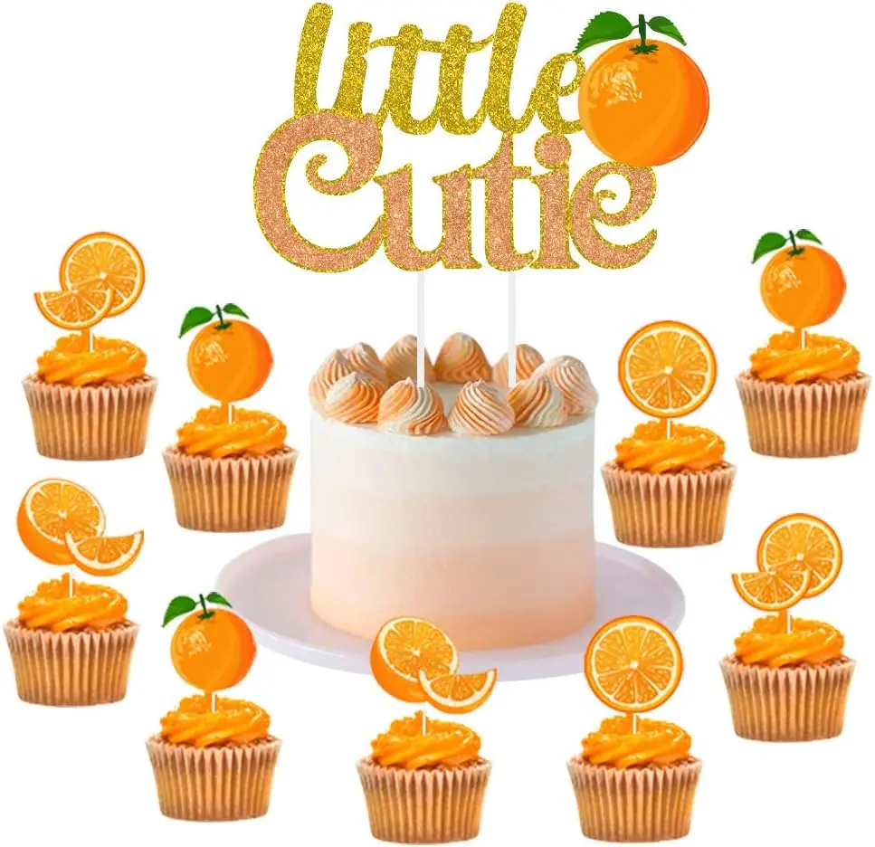 24 Pcs Little Cutie Glitter Cake Topper Tangerine Orange Cupcake Toppers for Girl Little Cutie Baby Shower Party Decorations