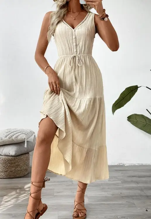 

Women Dresses 2026 Spring Summer New Solid Color Casual Texture Sleeveless V-Neck High Waist Beach Vacation Long Dress