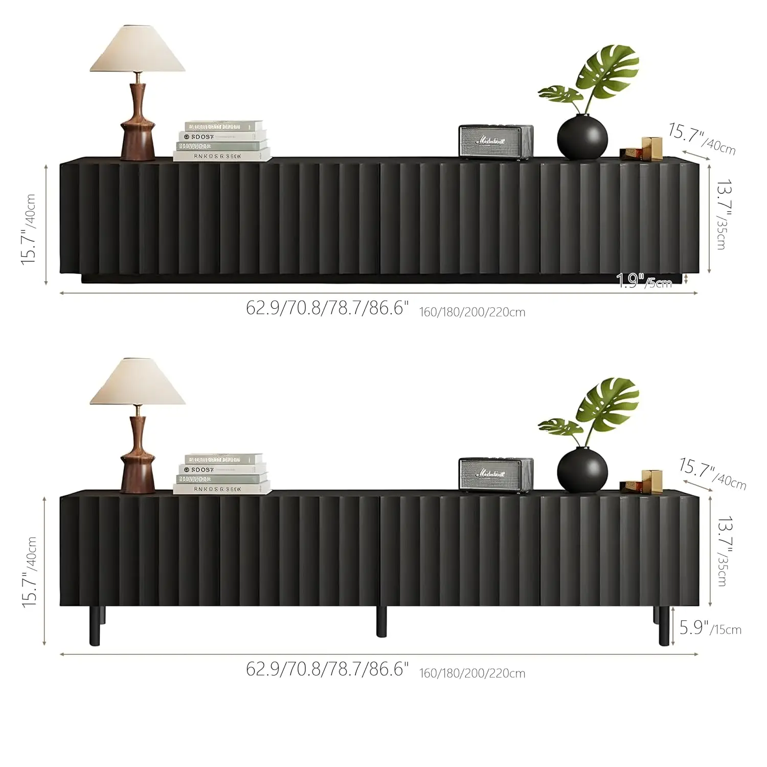 Modern Fluted TV Stand Entertainment Center Storage Cabinet Media Console Living Room Bedroom Black 63x15.7x13.8in, Customized