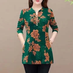 Women's Slim Pullover V-Neck Plant&Flowers Printing Tops Spring Autumn Fashion Vintage Long Sleeve Midi T-shirt Female Clothing