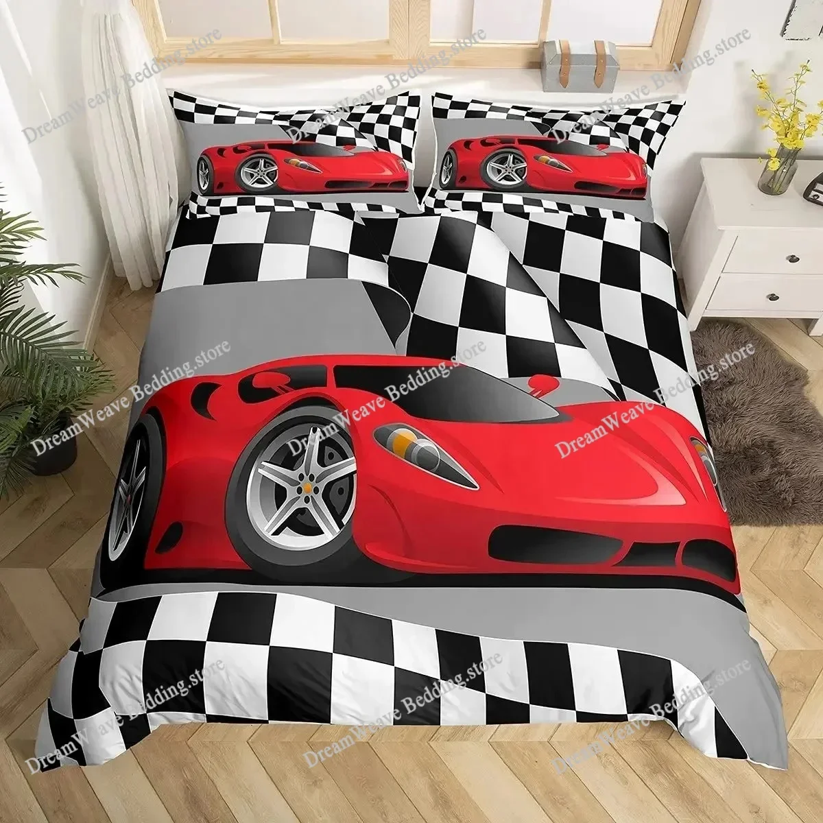 

Sports Car Bedding Set Queen Red Racing Car Comforter Cover Extreme Sports Theme Duvet Cover Black and White Grid Quilt Cover963