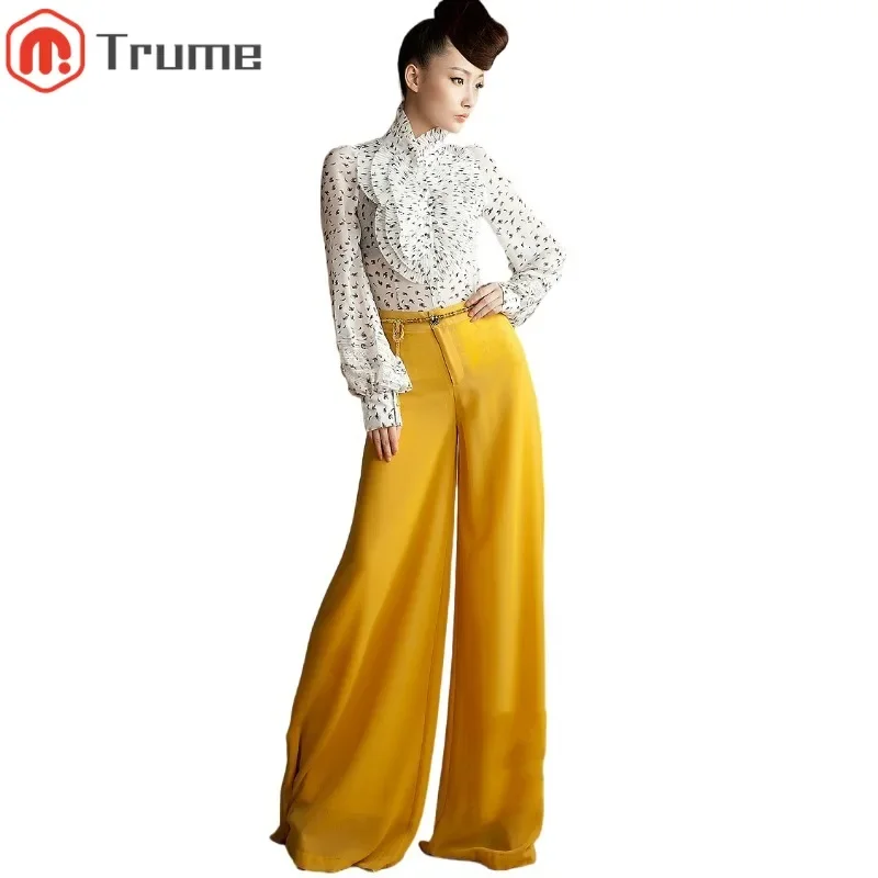 2023 New High Waist Plain Color Chiffon Thin Wide Leg Pants Female Casual Trousers Custom Made Chiffon Pants  Plus Size 4XL