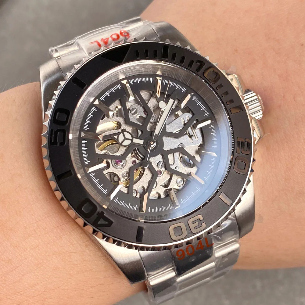 Tandorio 40mm NH70 Movement Mechanical Automatic Watch Men 200m Waterproof Sapphire Skeleton Hollow Dial Steel Bracelet New