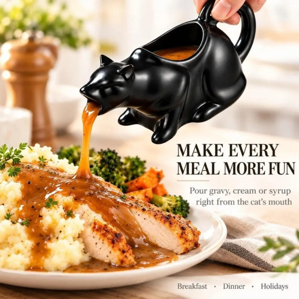Animal Sculpture Ceramic Cat Gravy Pitcher Curved Tail Handle Mouth Pouring Port Condiment Pitcher Boat Wide Top Opening Cartoon