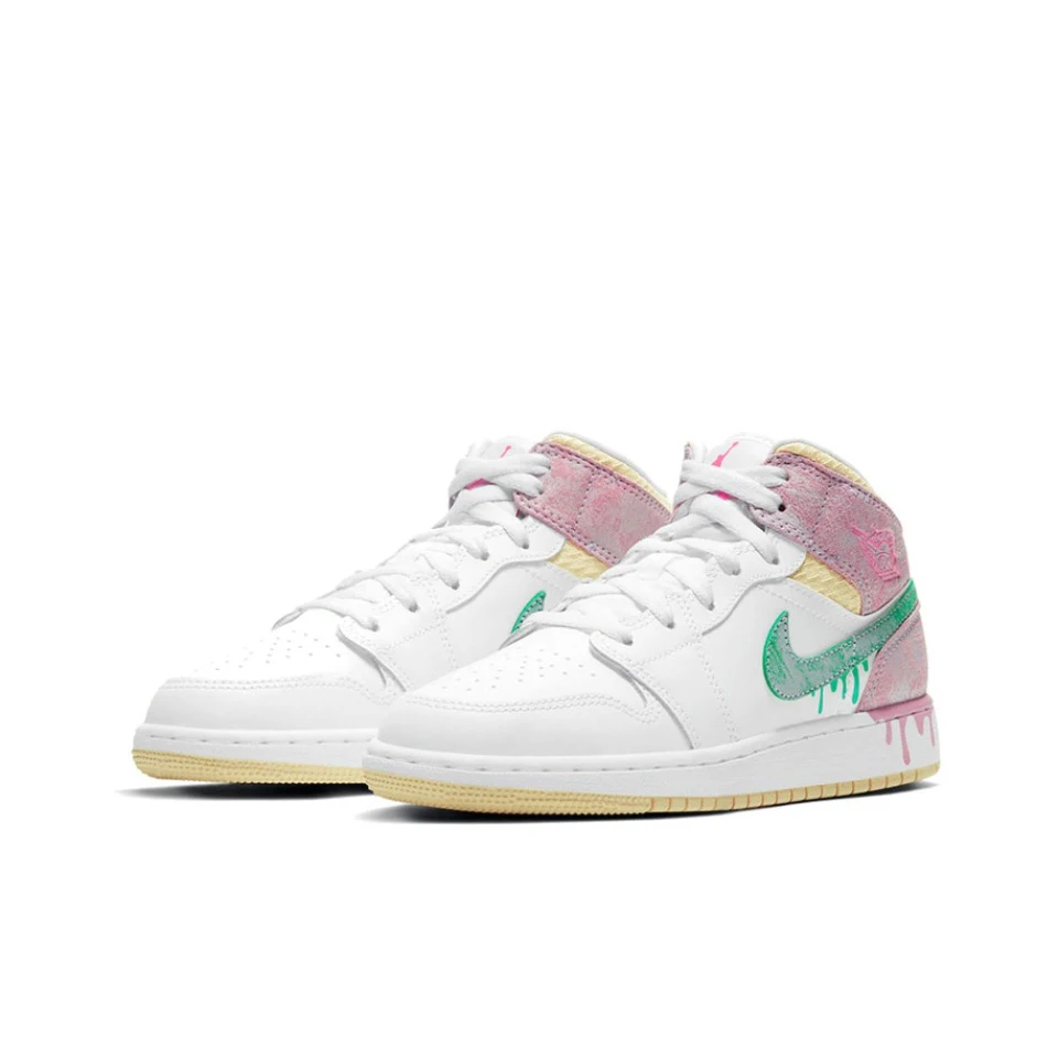 Original Air Jordan 1 Mid \'Ice Cream\'Purple and White Color GS Size For Women  Retro Classic Basketball SneakersShoes DD1666-100