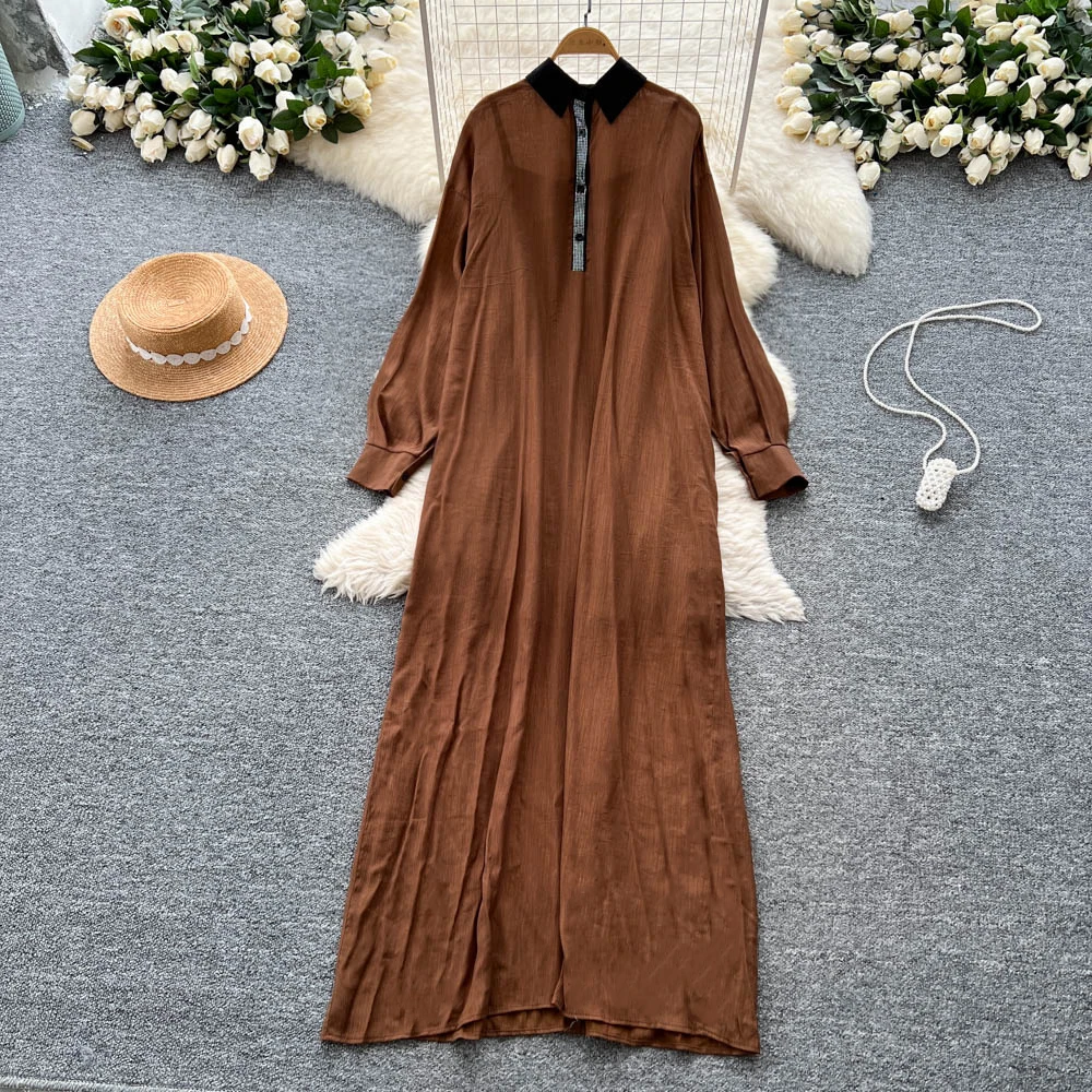 Chic vintage Polo-Neck long sleeve rhinestone solid Elegant Fairy korean fashion Boho Sundress women clothing Long dress
