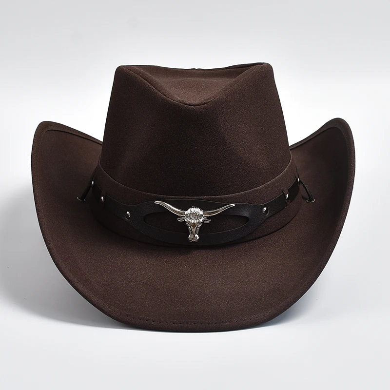 High Quality Leather Western Cowboy Hat Fashion Bull Head Decoration Gentleman Lady Cowgirl Jazz Caps Sombrero Hombre