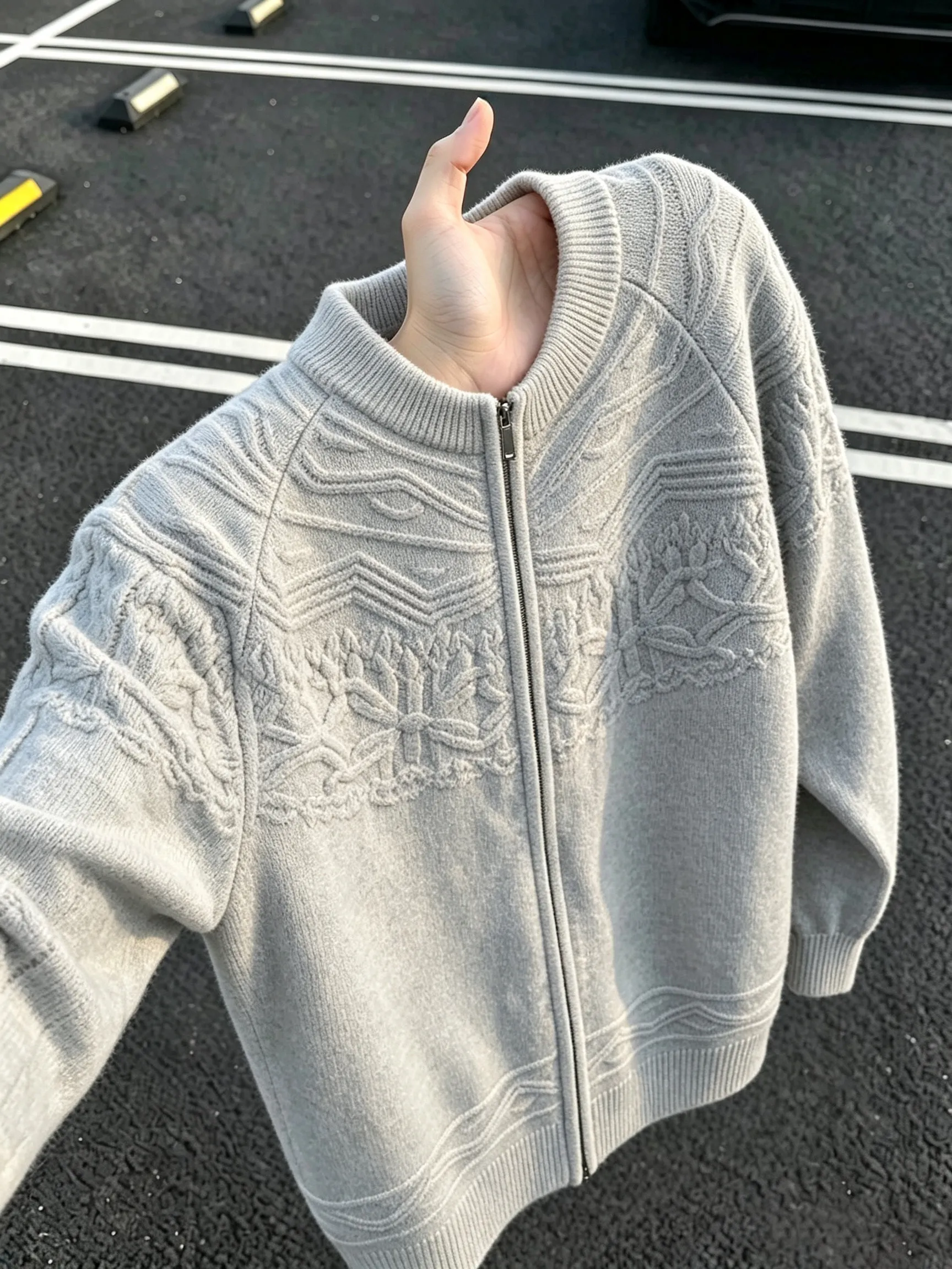 Feilao Island Dark Pattern Embroidery Open Cardigan Sweater Men Women Autumn Lazy Loose Knitted Vintage Design Outerwear