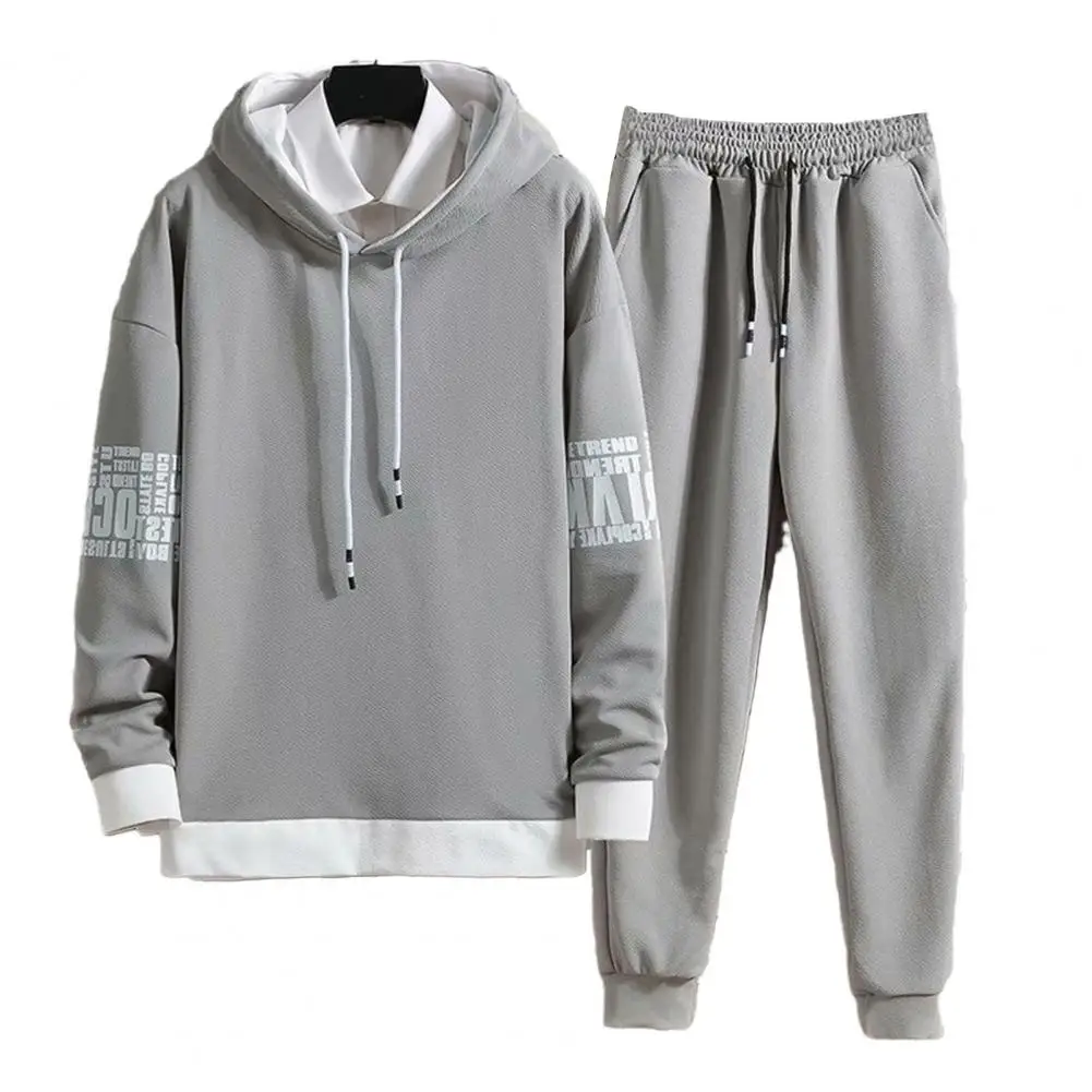 Street Style Sweatshirt Pants Set Men's Color Block Hooded Sweatshirt Jogger Pants Set with Drawstring Pockets Casual for Active