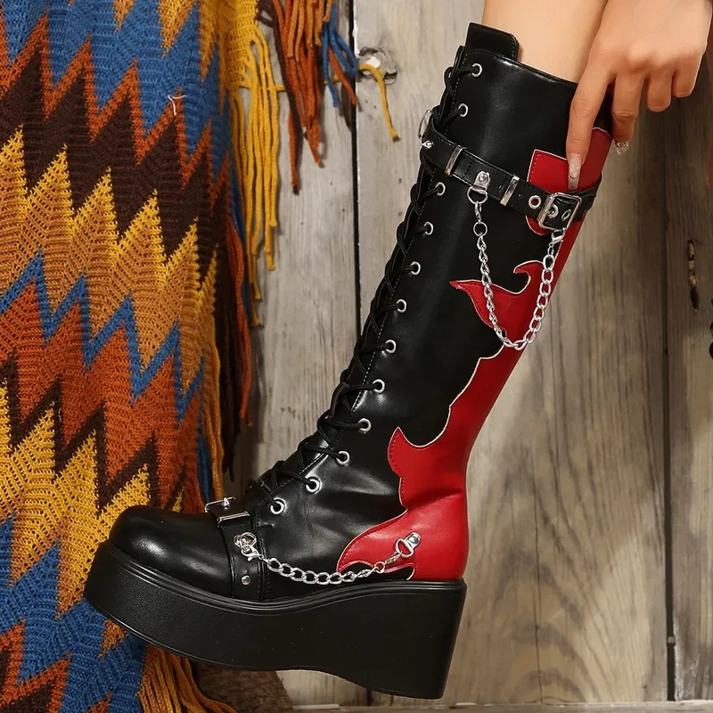 Fashion Women Platform Cowboy Boots Plus Size 35-42 New Wedges high-very long Boots Woman Punk Gothic Black Flame Buckle Shoes