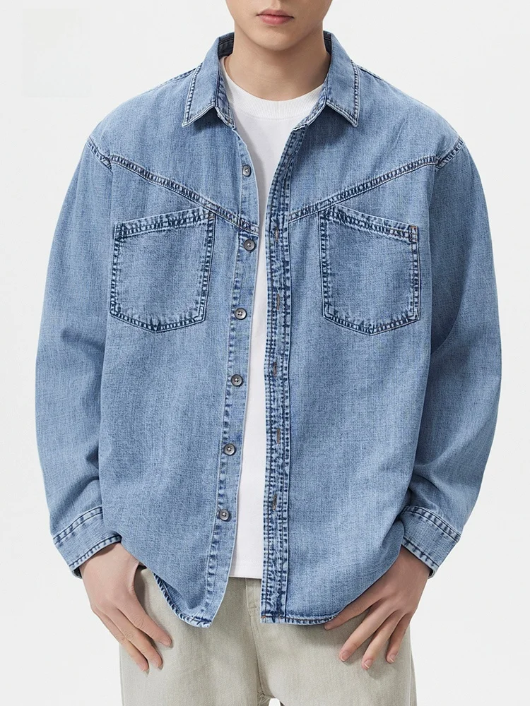 

Loose Fit Deep Blue Long Sve Men's Denim irt Casual Sle Spring New Arrival Faionable Cotton Workwear Classic Collar