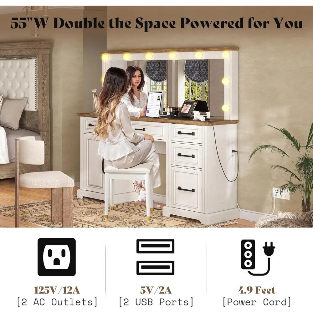 

55" Makeup Vanity Desk with Hollywood Mirror – Glass Top 5 Drawers Charging Station & 10 Light Bulbs | for Bedroom Use