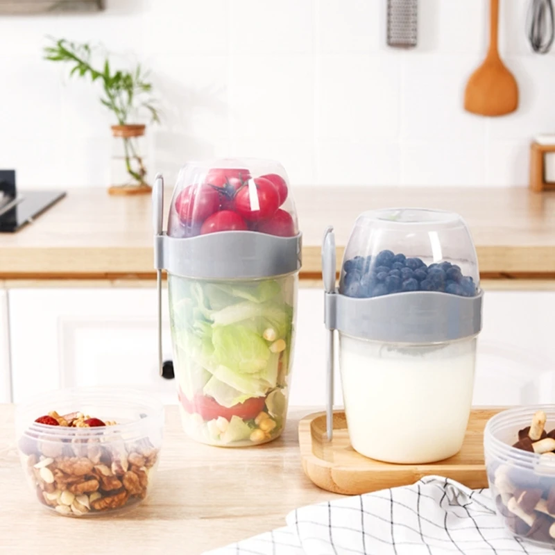 Travel Friendly Salad Cup Set Convenient Oatmeal Cup Yogurt Nut Fat-Reduced Vegetable Fruit Box Cup with Lid and Spoon